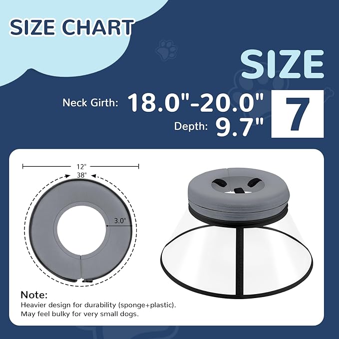 Sponge Core Dog Cone, Inflatable Dog Cone Collar Alternative, Dogs Donut Collar After Surgery, Soft Cone for Large Medium Small Dogs to Stop Licking, No Inflation Required, Clear View(Size 7, Gray)