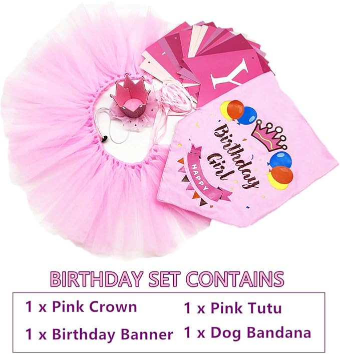 ADOGGYGO Dog Birthday Hat Bandana Girl - Pet Birthday Party Supplies - Pink Dog Tutu Hat Scarf Banner Set for Medium Large Dogs (Large)