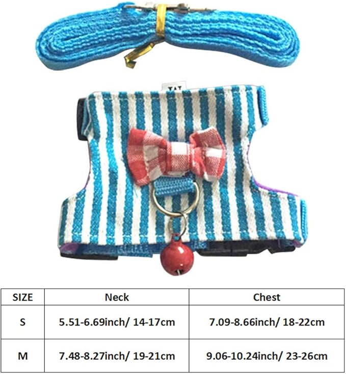 Litewoo Hamster Outdoor Walking Vest Harness and Leash Set Cute Bow-knot and Clear Bell Decor Chest Strap Harness for Rabbit Guinea Pig Chinchilla Ferret Squirrel Marten Kitten (SMALL,Blue Stripe)