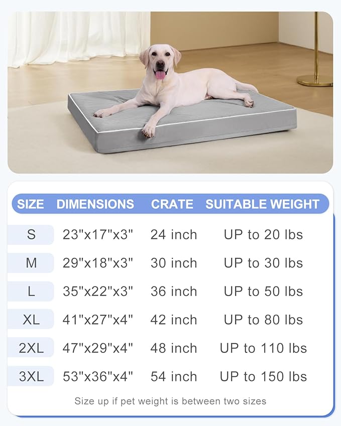 KSIIA Orthopedic Dog Bed for Crate Large Dog Bed XL with Removable Machine Washable Cover Waterproof Crate Pad with Egg Foam and Non-Slip Bottom, 41x27 Inch, Light Gray
