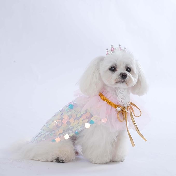 FLAdorepet Dog Princess Dress Costume with Rhinestones Crown,Pet Cat Cape Cloak Birthday Party Wedding Dress Up Outfits,Rainbow Mermaid Halloween Costume Clothes,Small