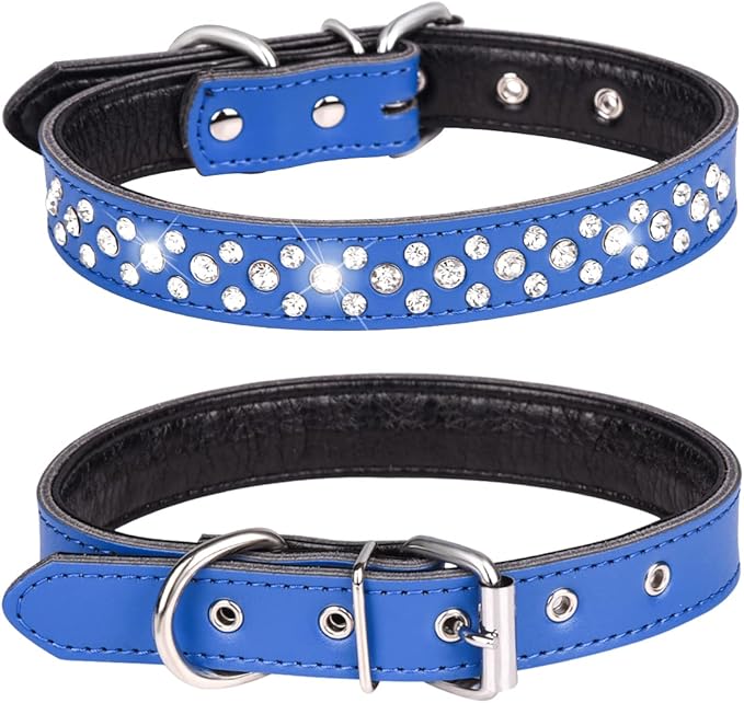 Rhinestone Dog Collar, Adjustable Cute Dazzling Sparkling Soft Leather Dog Collar Crystal Diamond Pet Dog Puppy Collar (S, Dark Blue)