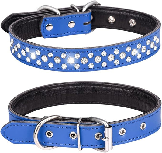 Rhinestone Dog Collar, Adjustable Cute Dazzling Sparkling Soft Leather Dog Collar Crystal Diamond Pet Dog Puppy Collar (S, Dark Blue)