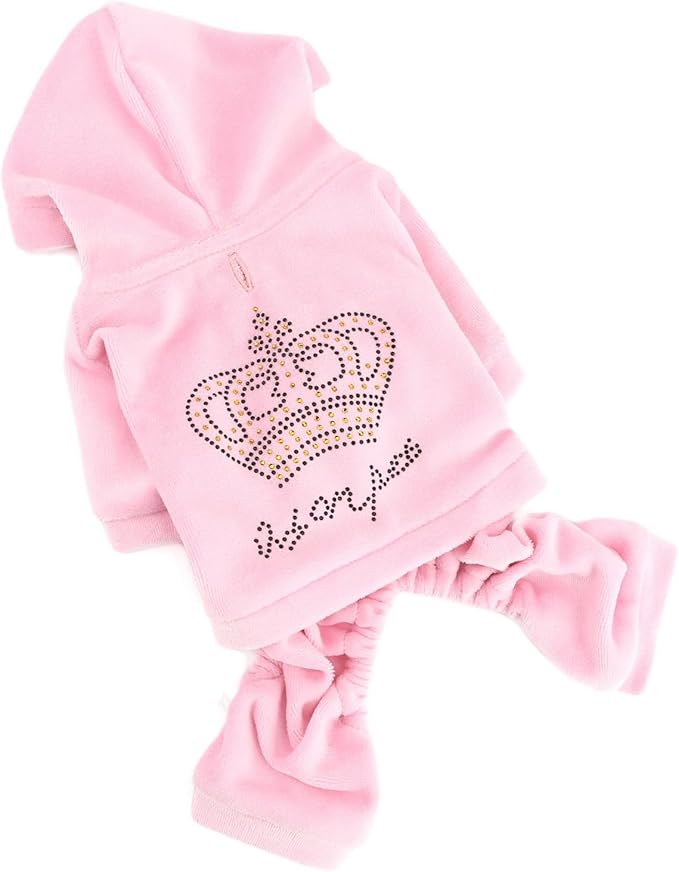 SELMAI Girl Dog Clothes for Small Dogs Cute Doggie Outfits Rhinestone Crown Stretchy Puppy Pajamas Soft Velvet Hoodie 4 Legged Jumpsuit Lightweight Pet Tracksuit Cat Apparel Leash Hole