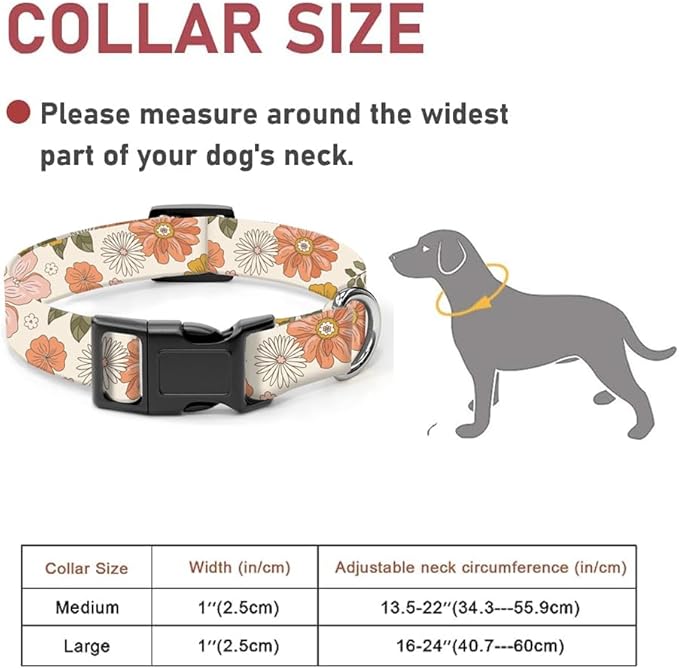 Dog Collar, Cute Dog Collar for Small Medium Large Dogs, Personalized Adjustable Soft Pet Collars with Quick Release Buckle for Walking Running, Cute Retro Flower