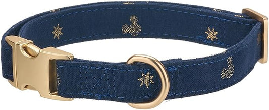 Cotton Dog Collar with Metal Buckle Adjustable Soft Dog Collars with Gold Star for Small Medium Large Dogs,Dark Blue,Large