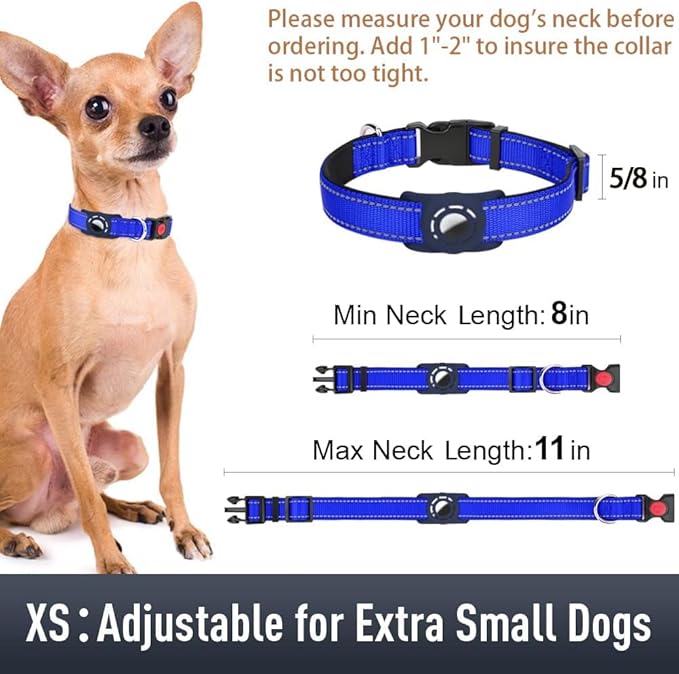 Airtag Dog Collar with AirTag Holder for Puppy Small Dogs, Reflective, Soft Padded & Safety Locking Buckle, Nylon Pet Collars Adjustable for All Breeds, NavyBlue,XS