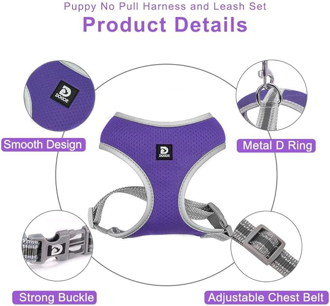 Puppy Harness and Leash Set - Dog Vest Harness for Small Dogs Medium Dogs- Adjustable Reflective Step in Harness for Dogs - Soft Mesh Comfort Fit No Pull No Choke (M, Purple)