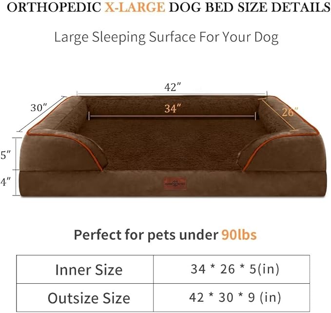 Comfort Expression XL Orthopedic Dog Beds for Extra Large Dogs, Waterproof Dog Bed with Bolster, Washable Dogs Bed Sofa Pet Beds with Removable Cover & Non-Slip Bottom(X-Large,Chocolate Brown)