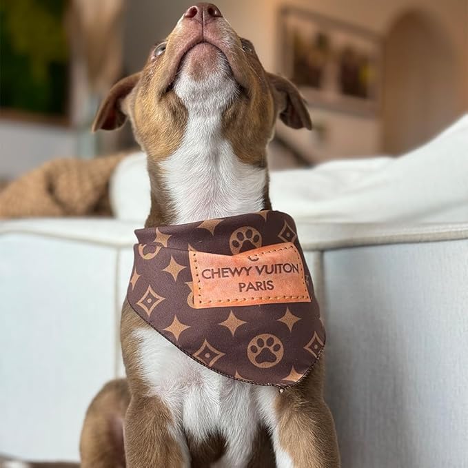 Dog Bandana Chewy Vuiton Designer Fashion Clothes Scarf Kerchief for Small Medium and Large Dogs. Funny Parody Gift for Girl or boy Dog Soft Durable Fabric, Adjustable tie-on Style Triangle
