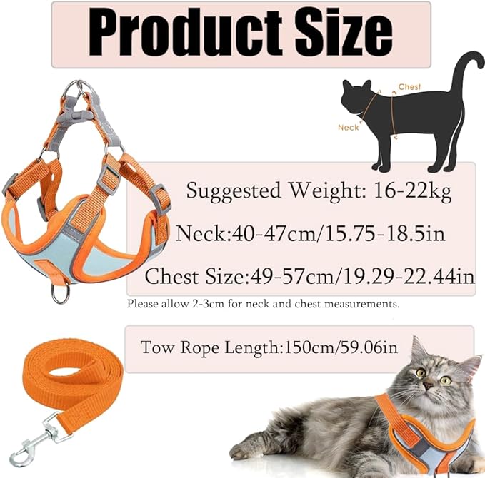 Cat Harness and Leash Escape Proof Adjustable Cat Leash Breathable Cat Vest Harness with Reflective Strips for Small Kitten Puppy Rabbit Orange and Blue (L)