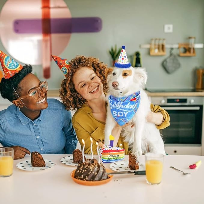 Dog Birthday Bandana Hat with Cake Plush Squeak Toy - Birthday Boy Triangle Scarf and Adjustable Polka Dot Hat, Cute Birthday Party Supplies for Small and Medium Dogs and Cats