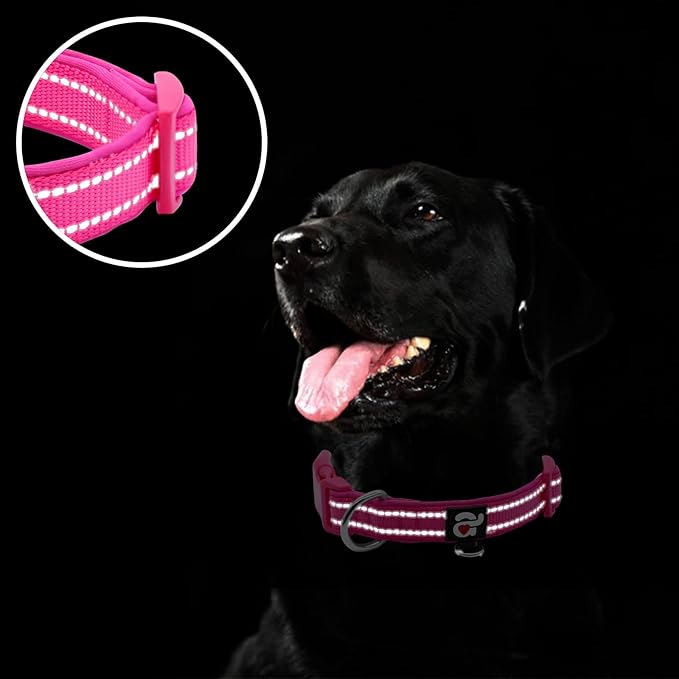 azuza Reflective Dog Collar,Soft Neoprene Padded Pet Collar with ID Tag Ring,Adjustable for Medium Dogs,Hot Pink,M