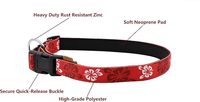 Dog Collar, Cute Floral Pattern, Neoprene Padded and Adjustable Collar with Quick Release Buckle, Reinforced Structure (L (Neck 18-28", Width 1"), Hawaiian Red)