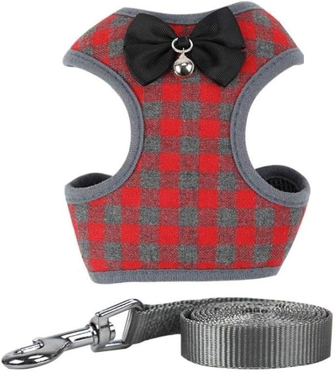 Dog Harness and Leash Set, Soft Mesh No Pull Dog Cat Harness Vest with Bowtie Bell for Small Dogs Puppy and Cats Outdoor Training and Running Classic Plaid Pattern (Small(9.0"-16.5"), Red Plaid)