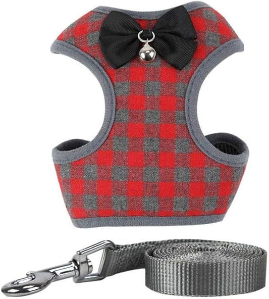 Dog Harness and Leash Set, Soft Mesh No Pull Dog Cat Harness Vest with Bowtie Bell for Small Dogs Puppy and Cats Outdoor Training and Running Classic Plaid Pattern (Small(9.0"-16.5"), Red Plaid)