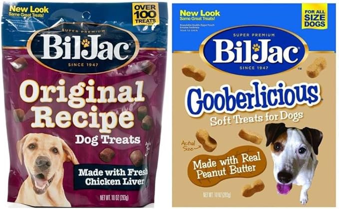 Bil-Jac Real Chicken Soft Treats for Dogs 2 Flavor Variety Bundle Original Recipe Liver Treats Gooberliscious Peanut Butter Flavor Treats, 10 Ounces Each (1 Bag of Each)