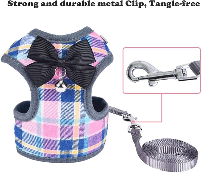 Dog Harness and Leash Set, Soft Mesh No Pull Dog Cat Harness Vest with Bowtie Bell for Small Dogs Puppy and Cats Outdoor Training and Running Classic Plaid Pattern (Large(13.7"-19.6"),Colourful Plaid)
