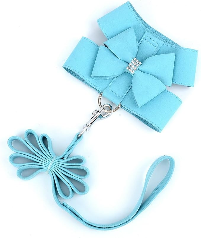 SELMAI Small Pet Dog Cat Bling Rhinestone Harness and Leash Set Bow Girls Soft Ultra Suede Leather, Adjustable/No Pull