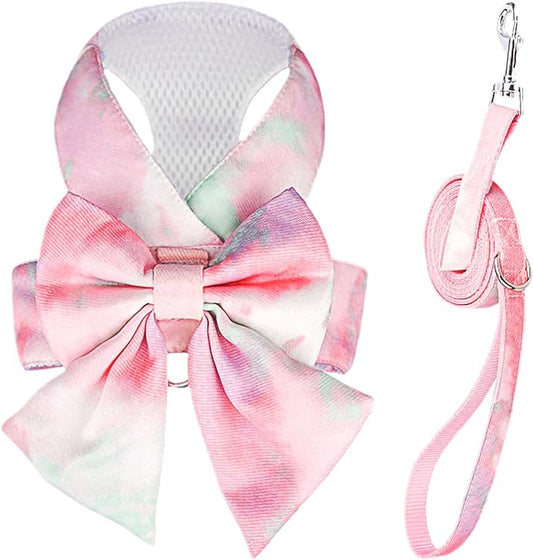PETCARE Cute Bow Tie Dog Harness and Leash Set Elegant Rainbow Gradient Puppy Harness No Pull Soft Mesh Pet Cat Dog Vest Harnesses for Small Dogs Cats, Pink