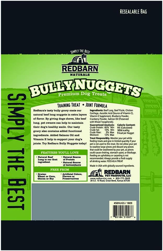 Redbarn Bully Nuggets Dog Treat, All-Natural, Highly Palatable Treats with Functional Ingredients, Beef Lung Nutritious Training Treat, Pack of 2