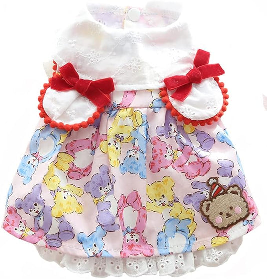 Elegant Princess Bear Printed Dress Cotton Tutu with Rabbit Ears for Small, Extra Small Dog Teddy, Pug, Chihuahua, Shih Tzu, Yorkshire Terriers Pink S