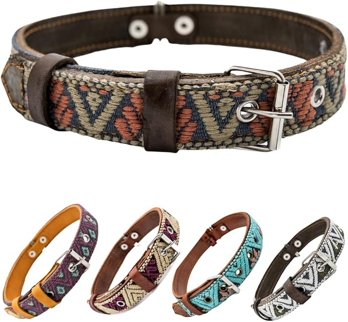 Western Dog Collar - Leather Embroidered Design for Small Medium Large Dogs & Puppy Pets - Aztec Southwest for Boy and Girl Female & Male Dogs - Collar para Perros (Medium, Bronze Olive)