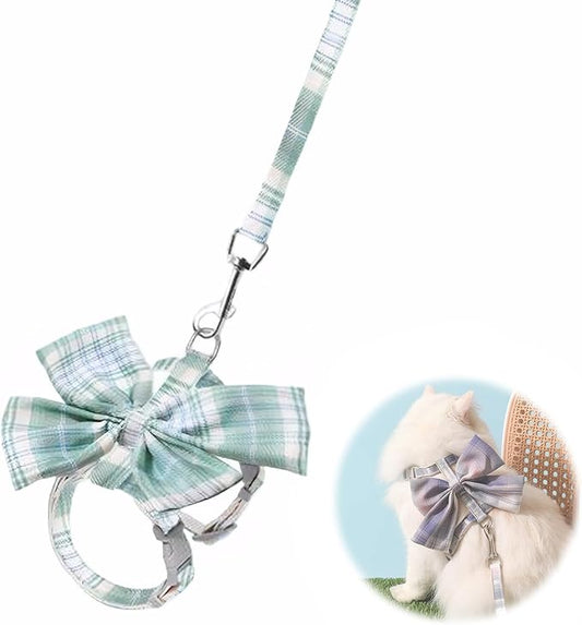 Cat Harness and Leash Set for Safe Walking, Bow Tie Cat Collar Harness, Adjustable Soft Travel Kitten Harness for Small Medium Large Cats (Green Bow-S)