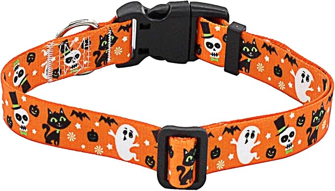 Halloween Dog Collar - Pumpkin Bat Ghost Pattern - Adjustable for Small Medium Large Dogs(Halloween,S)