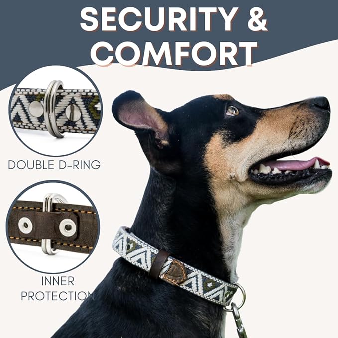Western Dog Collar - Leather Embroidered Design for Small Medium Large Dogs & Puppy Pets - Aztec Southwest for Boy Girl Female & Male Dogs - Collar para Perros Beaded (Medium, Ceramic Cello)