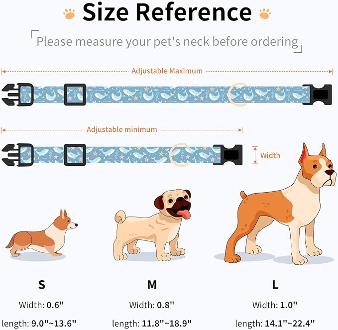 Cotton Dog Collar,Adjustable Cute Puppy Collar with Moon Patterned Design for Small Medium Large Dogs,Soft and Fancy Pet Collar with Safety Buckle for Girl Boy Dogs (Blue Whale, L)