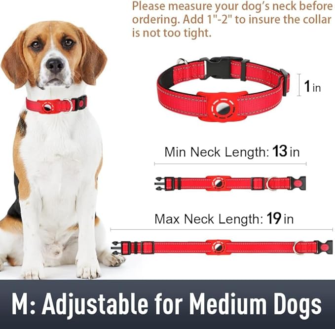 Airtag Dog Collar with AirTag Holder for Medium Dogs, Reflective, Soft Padded & Safety Locking Buckle, Nylon Pet Collars Adjustable for All Breeds, Red,M