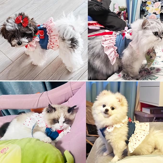 ANIAC Denim Dog Dress Harness with Leash Set Cute Small Dogs Clothes Girl Heart Patterns Puppy Dresses Breathable Mesh Cat Harness Leash Strawberry Chihuahua Yorkie Outfit (Pink Heart, X-Large)