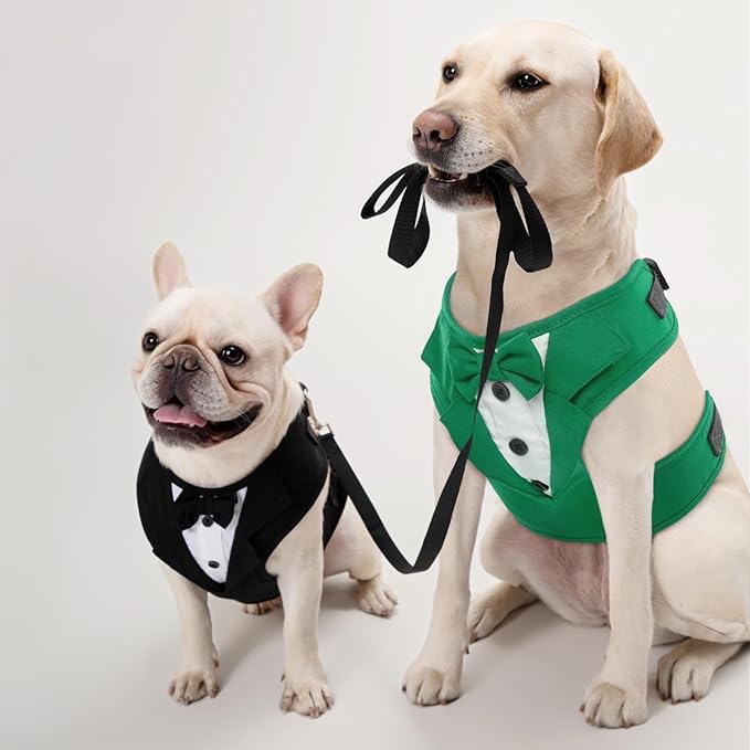 Kuoser Dog Tuxedo Harness, Adjustable Dog Harness No Pull for Small Medium Dogs, Dog Wedding Suit with Bow Tie Party Costume Green XL