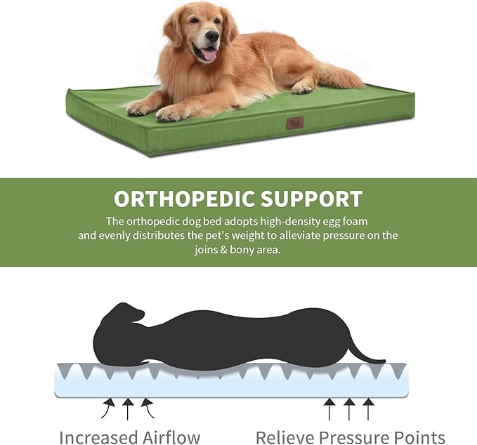 Outdoor Dog Bed for Medium Dogs, Waterproof Dog Crate Bed for Medium Dogs Cats, Orthopedic Egg Crate Foam Pet Bed with Washable and Removable Oxford Cover, Light Green