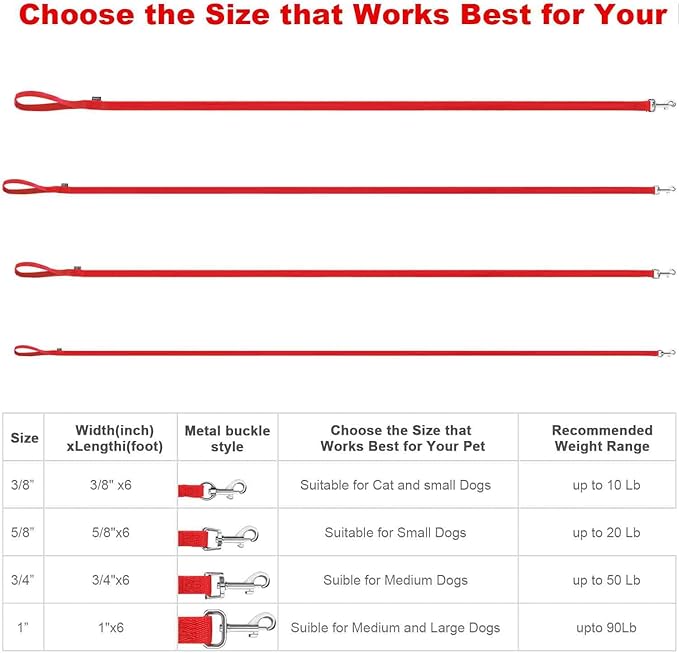 AMAGOOD 6 FT Puppy/ Dog Leash, Strong and Durable Traditional Style Leash with Easy to Use Collar Hook, Great for Small, Medium and Large Dogs (5/8 in x 6 ft, Black and Red (2-Pack))