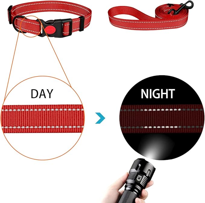 Reflective Dog Collar and Leash Set with Safety Locking Buckle Nylon Pet Collars Adjustable for Small Medium Large Dogs 3 Sizes(Red&M)