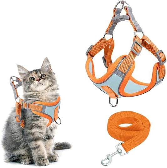 Cat Harness and Leash Escape Proof Adjustable Cat Leash Breathable Cat Vest Harness with Reflective Strips for Small Kitten Puppy Rabbit Orange and Blue (L)