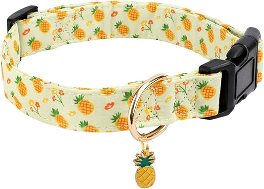 Cotton Dog Collar,Soft and Cute Puppy Collars with Pineapple Patterned Design for Girl Female Boy Dogs,Adjustable Buckle Pet Collar for Small Medium Large Dogs (Green Pineapple, Medium)