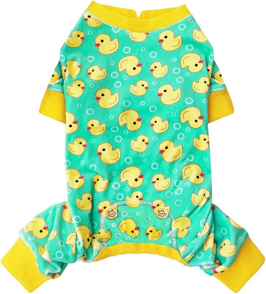 KYEESE Dog Pajamas Velvet Dog Pajamas Small Sized Dogs Soft Dogs Clothes Pjs with Yellow Ducks Pattern Stretchy Pet Jammies Coat Comfy Pet Onesie Costume, X-Large