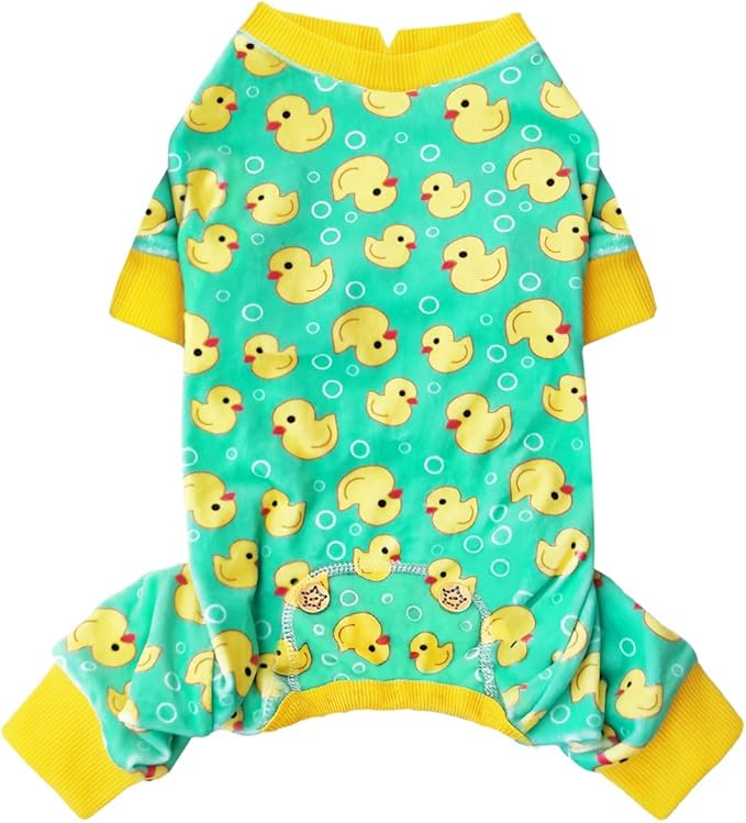 KYEESE Dog Pajamas Velvet Dog Pajamas Small Sized Dogs Soft Dogs Clothes Pet Coat Stretchy Doggie Pjs Pet Costume with Yellow Ducks Pattern Comfy Doggie Jammies Onesie, Medium
