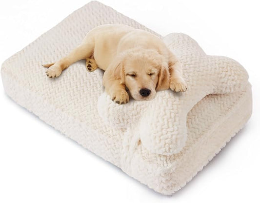 Soft Touch Orthopedic Dog Beds for Large Dogs, Waterproof Large Dog Crate Bed with Attachable Pillow Cushion, Removable Washable Cover, Non-Slip Bottom (Ivory, L)