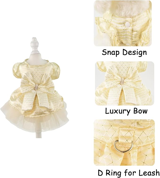 FLAdorepet Dog Bow Dress Pet Wedding Princess Dress Puppy Cat Birthday Party Outfit Costume for Small Medium Dogs Girl (Gold Bow, X-Small)