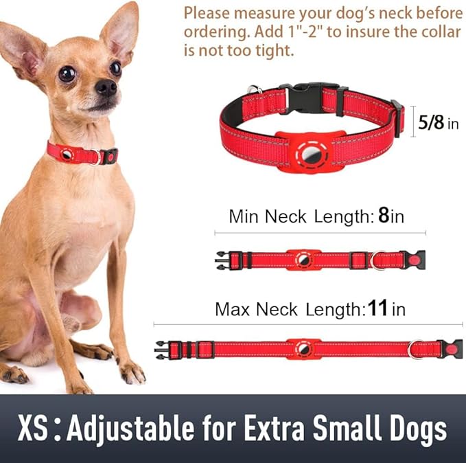 Airtag Dog Collar with AirTag Holder for Puppy Small Dogs, Reflective, Soft Padded & Safety Locking Buckle, Nylon Pet Collars Adjustable for All Breeds, Red,XS