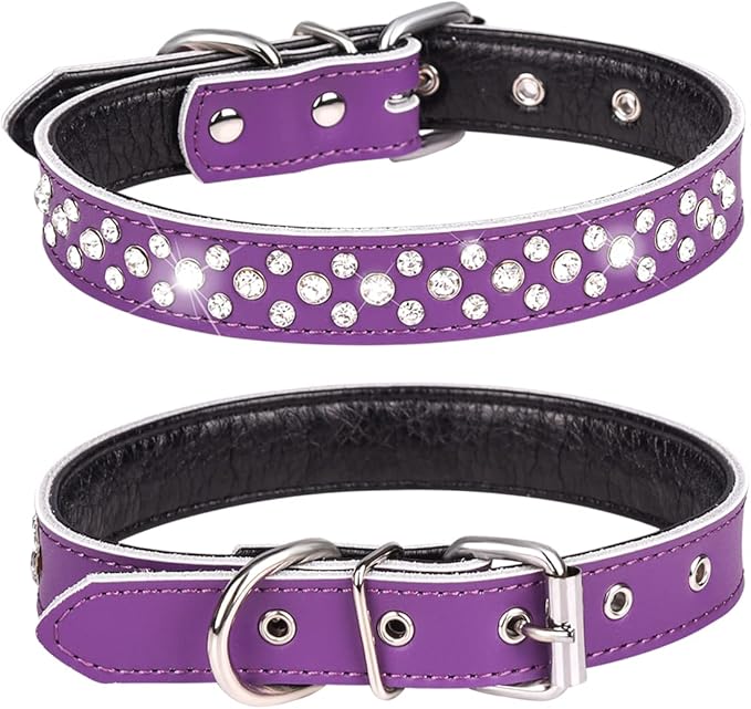 Rhinestone Dog Collar, Adjustable Cute Dazzling Sparkling Soft Leather Dog Collar Crystal Diamond Pet Dog Puppy Collar (S, Purple)