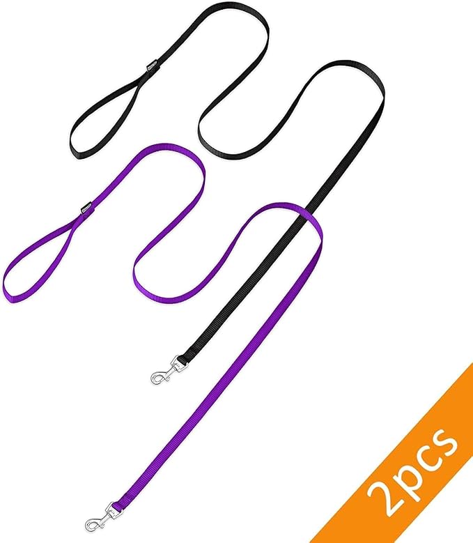 AMAGOOD 6 FT Puppy/Dog Leash, Strong and Durable Traditional Style Leash with Easy to Use Collar Hook, Great for Small, Medium and Large Dogs (1" x 6 ft, Black and Purple (2-Pack))