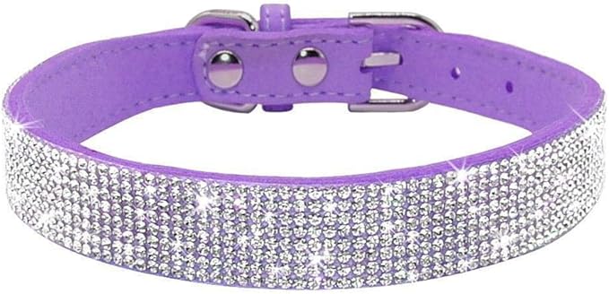 Rhinestone Dog Collar, Cute Dazzling Sparkling Soft Suede Leather Dog Cat Rhinestone Collar Crystal Diamond Pet Dog Puppy Collar(Purple,XXS)