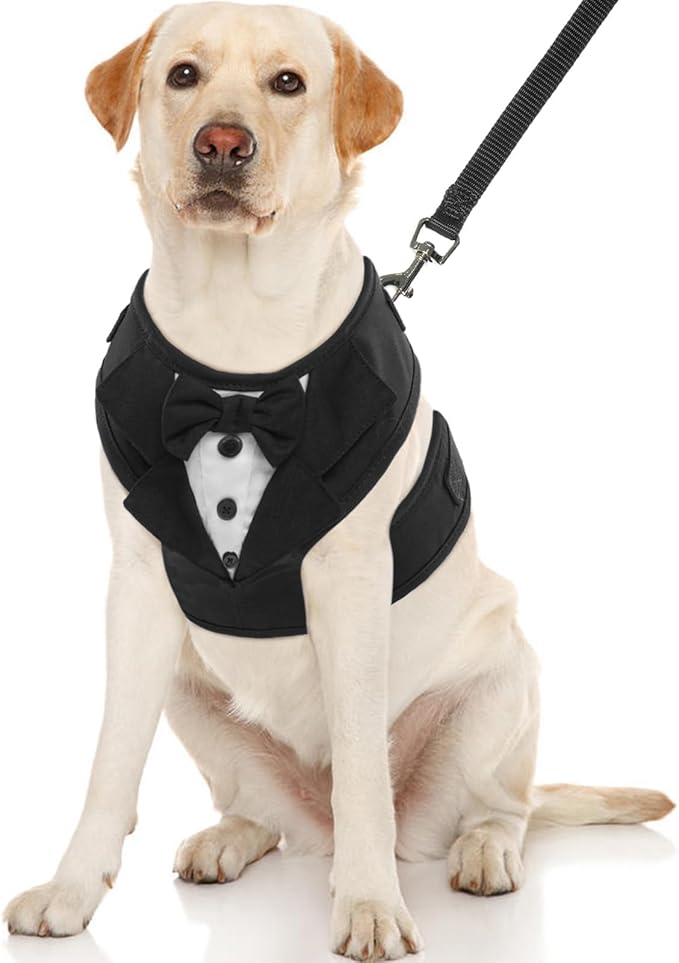 Kuoser Dog Tuxedo for Large Dogs, No-Pull Dog Vest Harness, Soft Breathable Mesh Pet Harness with Bow Tie, Small Medium Dogs Harness for Outdoor Walking Training