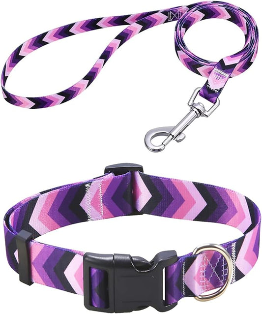 Dog Collar and Leash Set with Bohemia Floral Tribal Geometric Patterns - Soft Ethnic Style Collar Adjustable for Small Medium Large Dogs(Purple Arrow Set,M)
