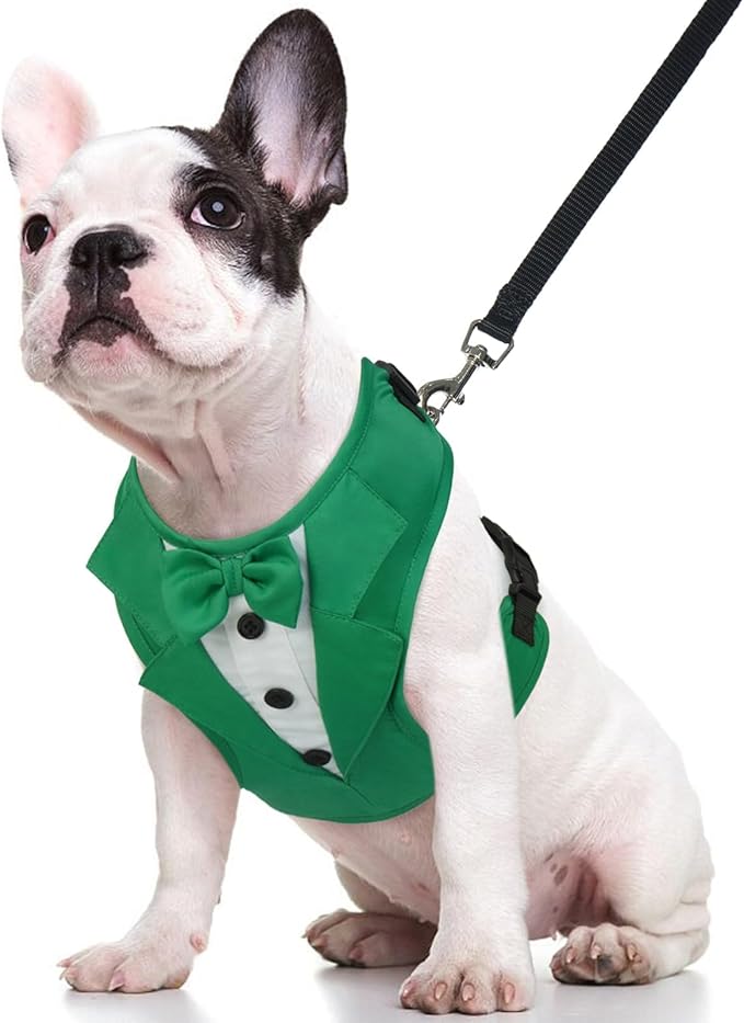 Kuoser Dog Tuxedo Harness, Adjustable Dog Harness No Pull for Small Medium Dogs, Dog Wedding Suit with Bow Tie Party Costume Green XS